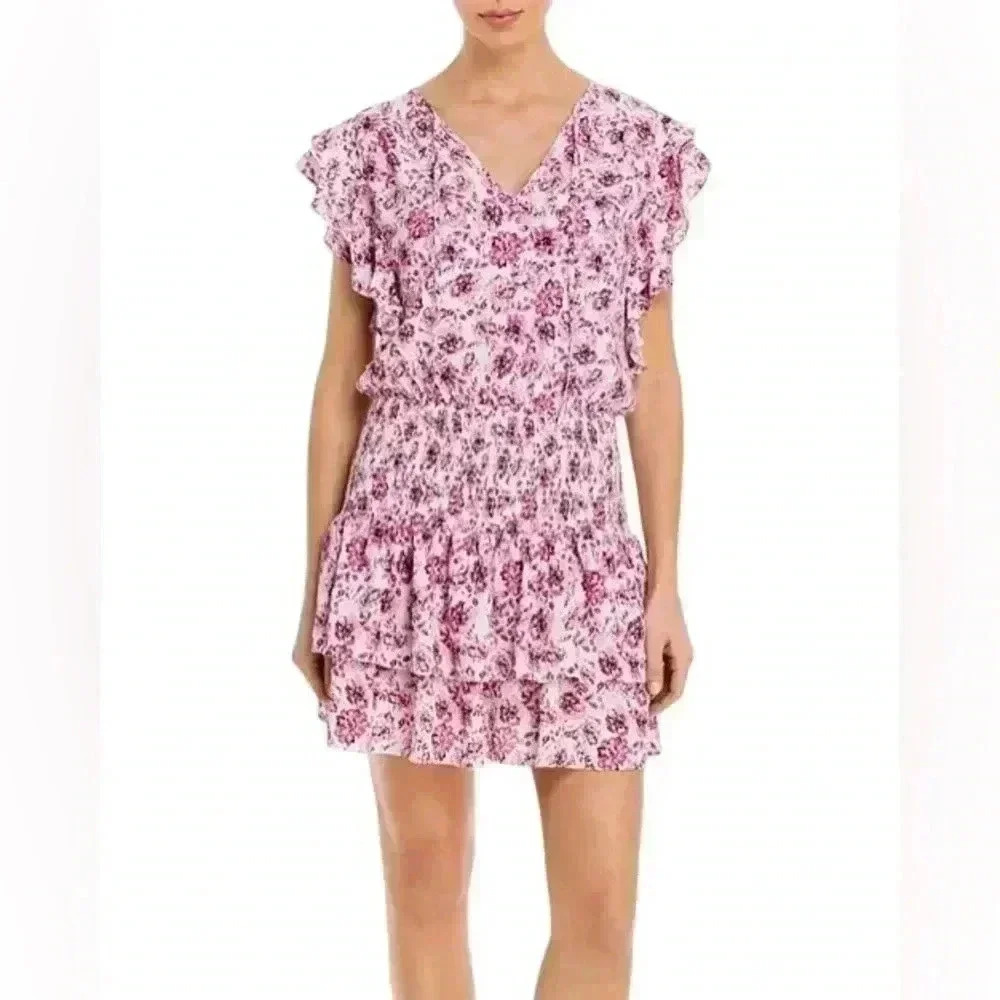 Aqua L Pink Purple Floral Mini Dress Coquette Romantic Cottagecore Garden Party